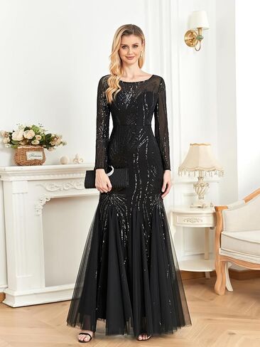 Long Sleeve Sequin Evening Dress Glitter Mermaid Long Gown for Mother of The Bride Or Wedding Guest in Saudi Arabia