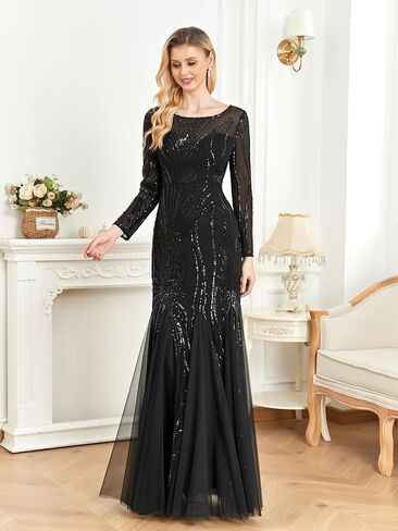 Long Sleeve Sequin Evening Dress Glitter Mermaid Long Gown for Mother of The Bride Or Wedding Guest in Saudi Arabia