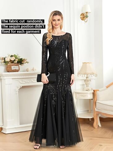 Long Sleeve Sequin Evening Dress Glitter Mermaid Long Gown for Mother of The Bride Or Wedding Guest in Saudi Arabia