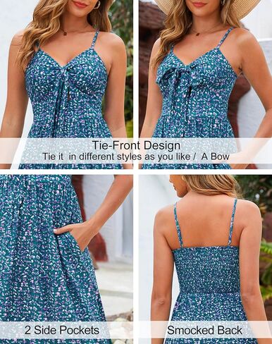 Kranda Women 2026 Summer Sundress High Waist Tie Front Spaghetti Strap Long Beach Floral Tiered Maxi Dress with Pockets in Kuwait