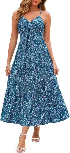Kranda Women 2026 Summer Sundress High Waist Tie Front Spaghetti Strap Long Beach Floral Tiered Maxi Dress with Pockets in Kuwait