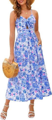 Kranda Women 2026 Summer Sundress High Waist Tie Front Spaghetti Strap Long Beach Floral Tiered Maxi Dress with Pockets in Kuwait