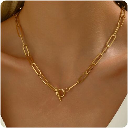 Chunky Toggle Necklace for Women 18K Gold Plated Vintage Paperclip Figaro Link Chain Necklaces Dainty Paper Clip Toggle Necklace for Jewelry Gift in Saudi Arabia