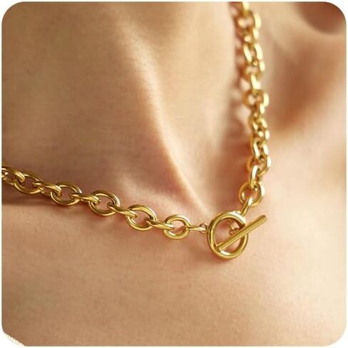 Chunky Toggle Necklace for Women 18K Gold Plated Vintage Paperclip Figaro Link Chain Necklaces Dainty Paper Clip Toggle Necklace for Jewelry Gift in Saudi Arabia