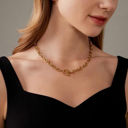 Chunky Toggle Necklace for Women 18K Gold Plated Vintage Paperclip Figaro Link Chain Necklaces Dainty Paper Clip Toggle Necklace for Jewelry Gift in Saudi Arabia