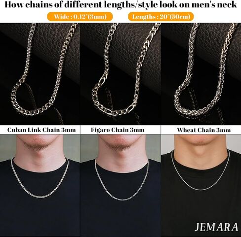 3 PCS Silver Chains for Men Women 3mm Silver Chain Necklace for Men 316L Stainless Steel Cuban Link Chain/Figaro Chain Sets Mens Jewelry Gifts（18/20/22 inches） in Saudi Arabia