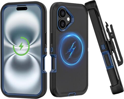متوافق مع حافظة iPhone 16، مع حافظة بمشبك حزام شديدة التحمل ومضادة للصدمات وشحن لاسلكي مغناطيسي لحماية كامل الجسم لهاتف iPhone 16 مقاس 6.1 بوصة (أسود) in Kuwait
