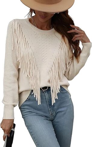 Women's Casual Crewneck Fringe Tassels Crochet Long Sleeve Knitted Fall Sweater Pullover Tops in Saudi Arabia