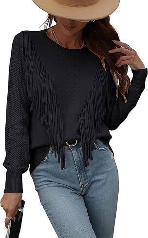 Women's Casual Crewneck Fringe Tassels Crochet Long Sleeve Knitted Fall Sweater Pullover Tops in Saudi Arabia