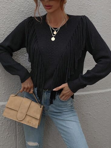 Women's Casual Crewneck Fringe Tassels Crochet Long Sleeve Knitted Fall Sweater Pullover Tops in Saudi Arabia
