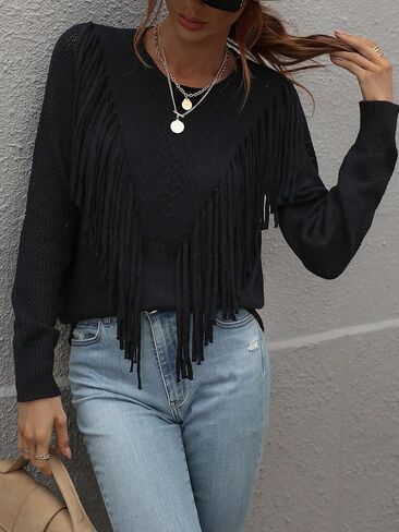 Women's Casual Crewneck Fringe Tassels Crochet Long Sleeve Knitted Fall Sweater Pullover Tops in Saudi Arabia