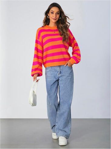 SOLY HUX Women's Color Block Striped Knit Tops Casual Long Sleeve Drop Shoulder Sweater Pullovers in Saudi Arabia