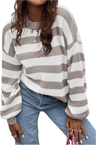 SOLY HUX Women's Color Block Striped Knit Tops Casual Long Sleeve Drop Shoulder Sweater Pullovers in Saudi Arabia