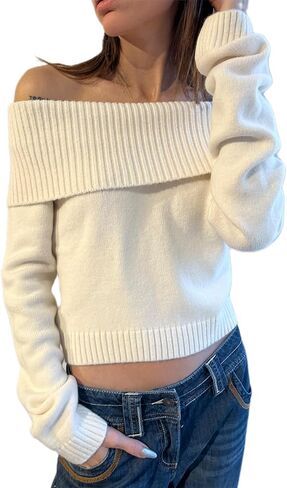 Women Off Shoulder Long Sleeve Sweater Y2K Ribbed Knit Pullover Solid Crop Top Going Out Boat Neck Blouse in Saudi Arabia