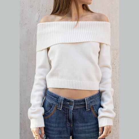Women Off Shoulder Long Sleeve Sweater Y2K Ribbed Knit Pullover Solid Crop Top Going Out Boat Neck Blouse in Saudi Arabia