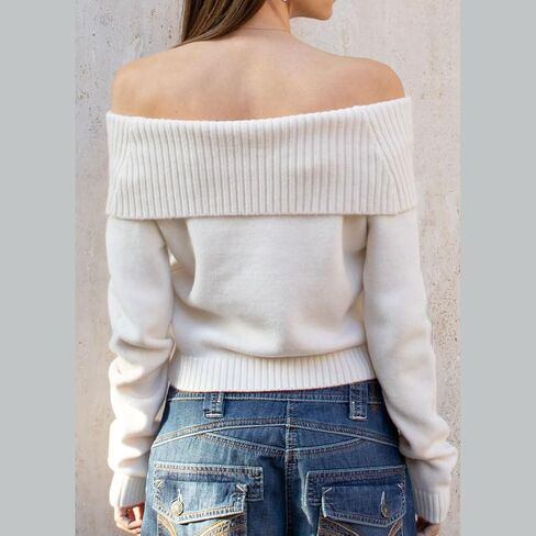 Women Off Shoulder Long Sleeve Sweater Y2K Ribbed Knit Pullover Solid Crop Top Going Out Boat Neck Blouse in Saudi Arabia