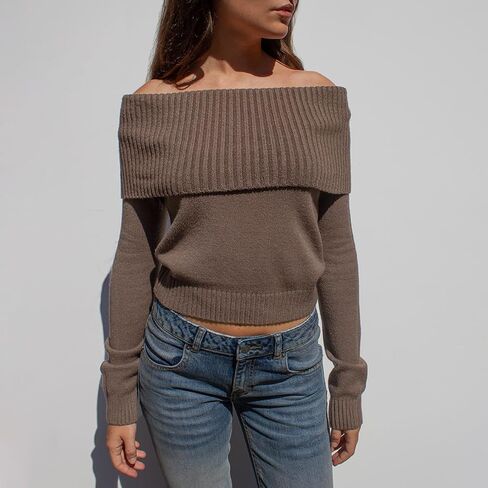 Women Off Shoulder Long Sleeve Sweater Y2K Ribbed Knit Pullover Solid Crop Top Going Out Boat Neck Blouse in Saudi Arabia
