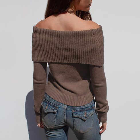 Women Off Shoulder Long Sleeve Sweater Y2K Ribbed Knit Pullover Solid Crop Top Going Out Boat Neck Blouse in Saudi Arabia