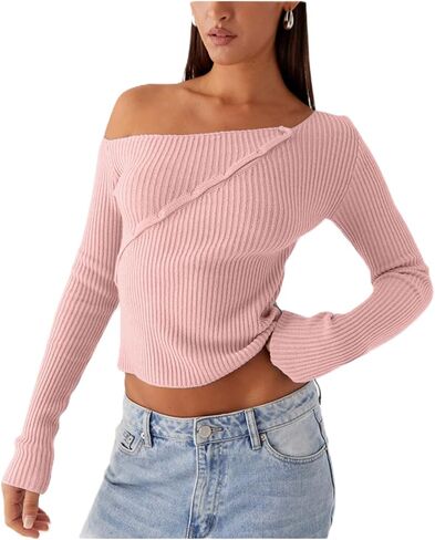Women Off Shoulder Long Sleeve Sweater Y2K Ribbed Knit Pullover Solid Crop Top Going Out Boat Neck Blouse in Saudi Arabia