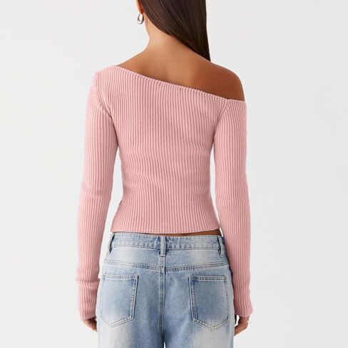 Women Off Shoulder Long Sleeve Sweater Y2K Ribbed Knit Pullover Solid Crop Top Going Out Boat Neck Blouse in Saudi Arabia