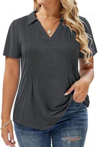 Plus-Size-Summer-Tops for Women Casual Collared V Neck Polo Shirts Business Pleated Tunics Trendy Short Sleeve Blouses in Kuwait