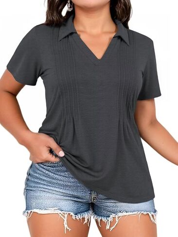 Plus-Size-Summer-Tops for Women Casual Collared V Neck Polo Shirts Business Pleated Tunics Trendy Short Sleeve Blouses in Kuwait