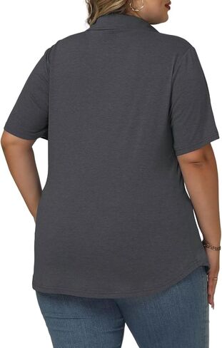Plus-Size-Summer-Tops for Women Casual Collared V Neck Polo Shirts Business Pleated Tunics Trendy Short Sleeve Blouses in Kuwait