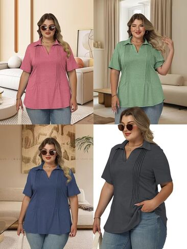 Plus-Size-Summer-Tops for Women Casual Collared V Neck Polo Shirts Business Pleated Tunics Trendy Short Sleeve Blouses in Kuwait