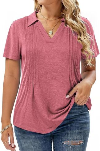 Plus-Size-Summer-Tops for Women Casual Collared V Neck Polo Shirts Business Pleated Tunics Trendy Short Sleeve Blouses in Kuwait