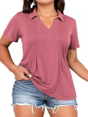 Plus-Size-Summer-Tops for Women Casual Collared V Neck Polo Shirts Business Pleated Tunics Trendy Short Sleeve Blouses in Kuwait