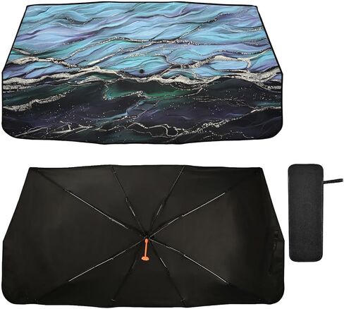 Boccsty Abstract Alcohol Glitter Ink Car Windshield Sun Shade Umbrella Blue Turquoise Marble Foldable Car Front Window Sunshade Umbrella UV & Heat Full Cover Car Front Windshield for Most Vehicle in Kuwait