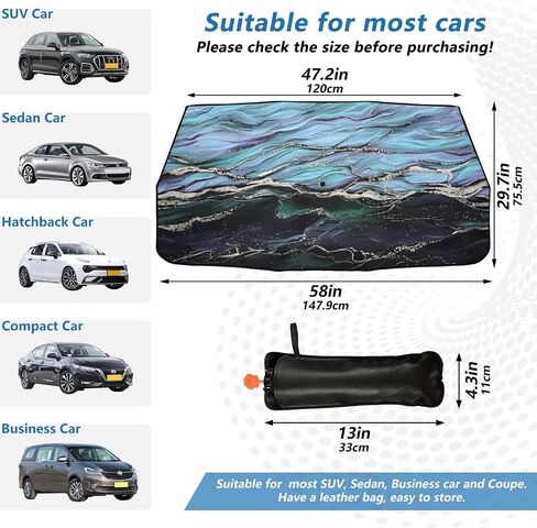 Boccsty Abstract Alcohol Glitter Ink Car Windshield Sun Shade Umbrella Blue Turquoise Marble Foldable Car Front Window Sunshade Umbrella UV & Heat Full Cover Car Front Windshield for Most Vehicle in Kuwait