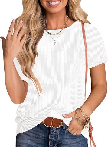 LOMON Womens T Shirts Short Sleeve Crewneck Basic Tee Shirts Casual Loose Fit Summer Ribbed Tops in Saudi Arabia