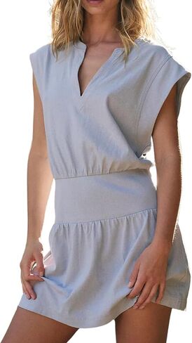 InterNos Womens Summer Mini Dress Lightweight V Neck Cap Sleeves A-Line Casual Athletic Dress in Kuwait