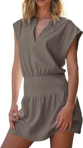 InterNos Womens Summer Mini Dress Lightweight V Neck Cap Sleeves A-Line Casual Athletic Dress in Kuwait