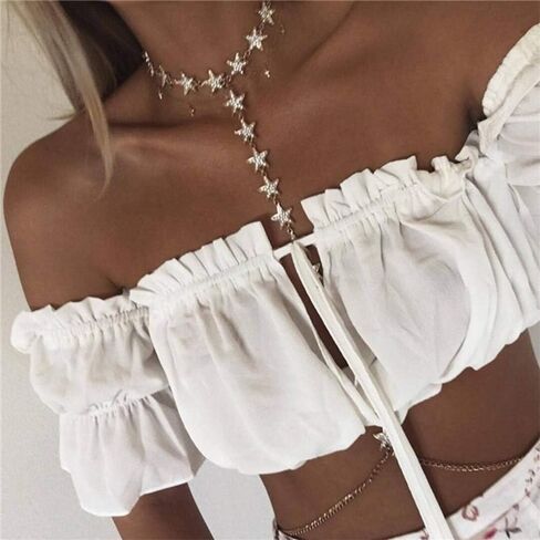 Aimimier Rhinestone Star Bikini Harness Body Chain مع قلادة المثيرة المثيرة لسلسلة الخصر الشاطئ مجوهرات الجسم الليلية للنساء والبنات (الفضة) in Saudi Arabia