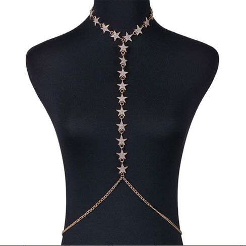Aimimier Rhinestone Star Bikini Harness Body Chain مع قلادة المثيرة المثيرة لسلسلة الخصر الشاطئ مجوهرات الجسم الليلية للنساء والبنات (الفضة) in Saudi Arabia