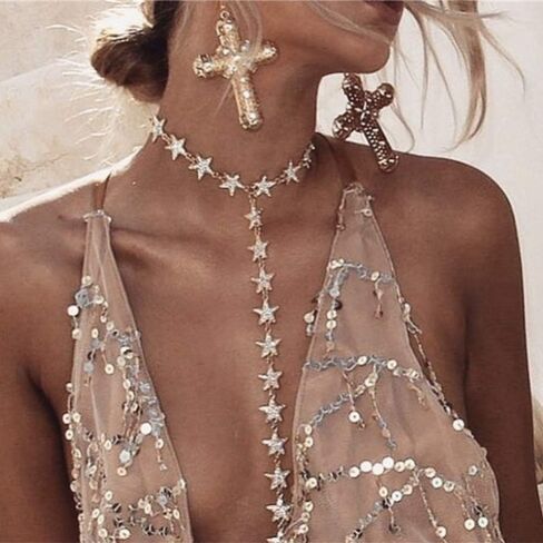 Aimimier Rhinestone Star Bikini Harness Body Chain مع قلادة المثيرة المثيرة لسلسلة الخصر الشاطئ مجوهرات الجسم الليلية للنساء والبنات (الفضة) in Saudi Arabia