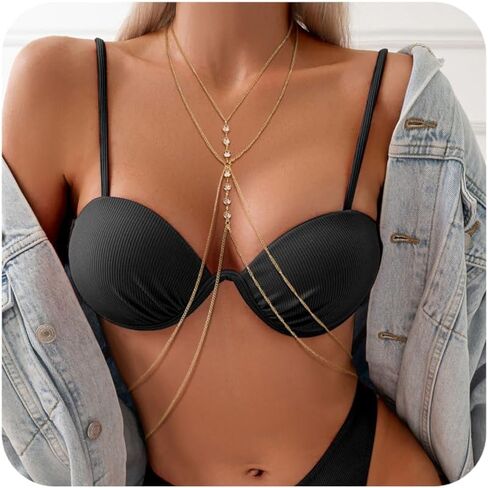 14k Gold Body Chain for Women Sexy Bikini Bra Chain Layered Summer Beach Rhinestone Body Jewelry in Saudi Arabia