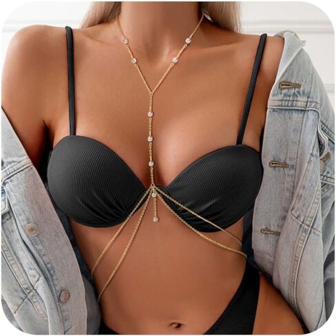 14k Gold Body Chain for Women Sexy Bikini Bra Chain Layered Summer Beach Rhinestone Body Jewelry in Saudi Arabia