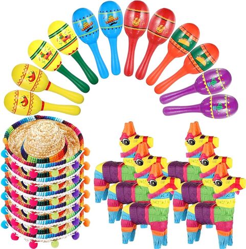 Hungdao 24 Pcs Fiesta Decorations Includes Mini Donkey Pinata Wooden Fiesta Maracas for Kids Mini Sombrero Hats Cinco De Mayo Decorations for Birthday Fiesta Supplies in Saudi Arabia