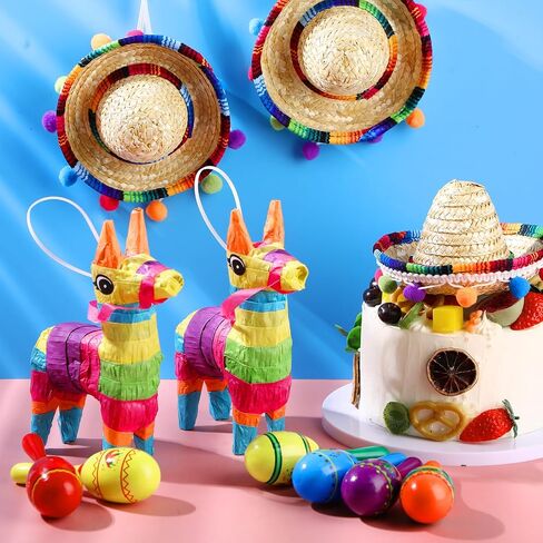 Hungdao 24 Pcs Fiesta Decorations Includes Mini Donkey Pinata Wooden Fiesta Maracas for Kids Mini Sombrero Hats Cinco De Mayo Decorations for Birthday Fiesta Supplies in Saudi Arabia