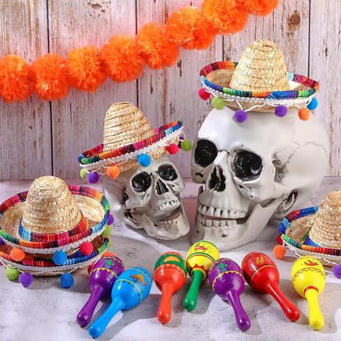 Hungdao 24 Pcs Fiesta Decorations Includes Mini Donkey Pinata Wooden Fiesta Maracas for Kids Mini Sombrero Hats Cinco De Mayo Decorations for Birthday Fiesta Supplies in Saudi Arabia