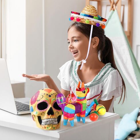 Hungdao 24 Pcs Fiesta Decorations Includes Mini Donkey Pinata Wooden Fiesta Maracas for Kids Mini Sombrero Hats Cinco De Mayo Decorations for Birthday Fiesta Supplies in Saudi Arabia