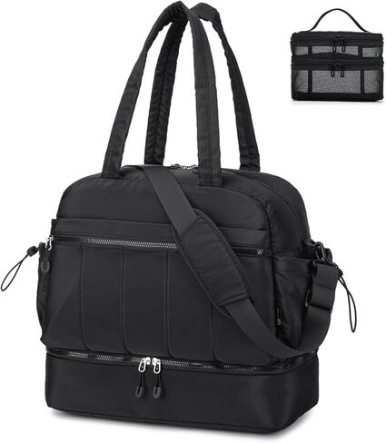 BAGZY Travel Duffel Bag for Women, Lightweight Puffer Gym Bag with Shoe Compartment and Wet Pocket Large for Hospital Weekender Carry on Overnight Bag with Toiletry 32L Black in Saudi Arabia