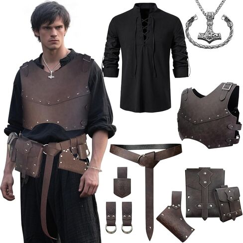 Medieval Leather Chest Armor - Renaissance Costume for Men, LARP Costume & Medieval Accessories 11Pcs in Kuwait