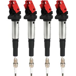 Ignition Coil Packs UF598 and Iridium Platinum Spark Plugs 97968 Fits for Mini Cooper Countryman Paceman 1.6L L4 2007 2008 2009 2010 2011 2012 2013 2014, Set of 4,# 12137575010 C1692, Red