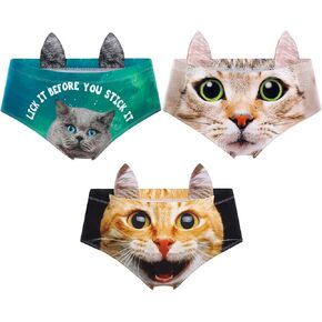 3 Pcs Women's Funny Naughty 3D Printed Cat Tail Underwears Sexy Briefs with Cute Ears Bachelorette Party Gifts