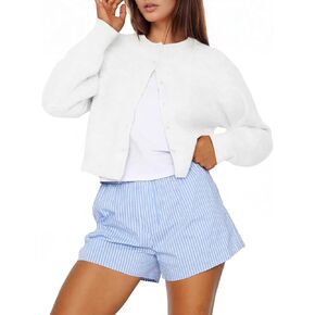 Women Y2K Button Down Sweater Cardigan Cropped Long Sleeve Solid Knit Cardigans Open Front Crewneck Sweater Outwear