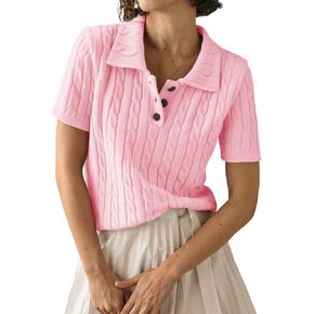 Imily Bela Womens Short Sleeve Sweater Business Casual Polo V Neck Shirts Lightweight Cable Knit Pullover Summer Tops